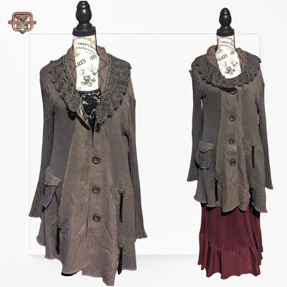 Fantazia Lagerlook Wool Patchwork Knit Oversized Cardigan Sweater, Medium - Picture 10 of 11